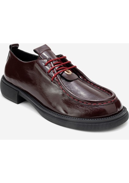 Band Bordo Kırışık Rugan Hakiki Deri Bağcıklı Kadın Loafer Ayakkabı modelleri
