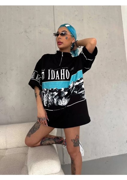 Unisex Baskılı Yarım Fermuarlı T-Shirt - Siyah modelleri