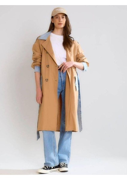 87077 Jean Detaylı Uzun Trench Karamel