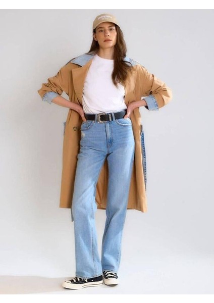 87077 Jean Detaylı Uzun Trench Karamel modelleri