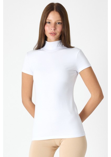 Kadın Beyaz Kısa Kollu Yarım Balıkçı Yaka Modal Body 1043