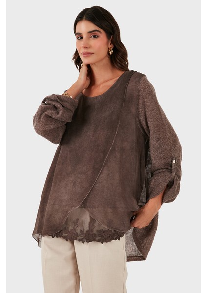 Via Dante Oversize Fit Dantel Detaylı Yuvarlak Yaka Bluz Bayan Bluz 690870