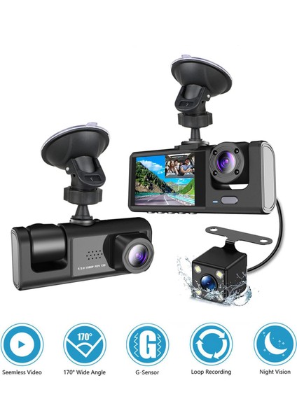 T717 Dash Cam Araç Içi Kamera 1080P+720P Full Hd Araç Içi Kamera Ön,arka ve Iç Kayıt 3 Kamera Gece Görüşlü G Sensör Geniş Açı