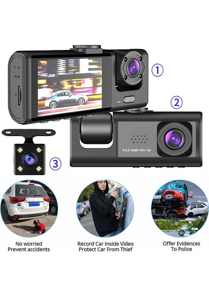 T717 Dash Cam Araç Içi Kamera 1080P+720P Full Hd Araç Içi Kamera Ön,arka ve Iç Kayıt 3 Kamera Gece Görüşlü G Sensör Geniş Açı modelleri