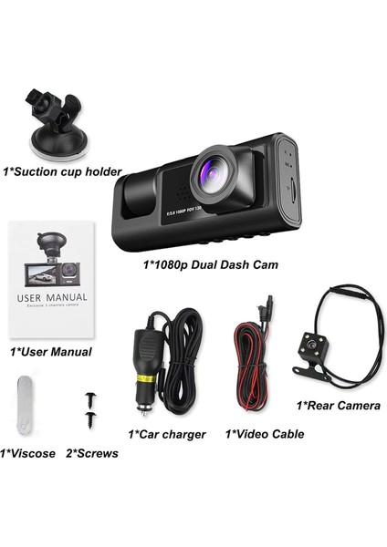 T717 Dash Cam Araç Içi Kamera 1080P+720P Full Hd Araç Içi Kamera Ön,arka ve Iç Kayıt 3 Kamera Gece Görüşlü G Sensör Geniş Açı