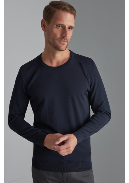 Lacivert Slim Fit Dar Kalıp Bisiklet Yaka Düz Uzun Kollu Triko