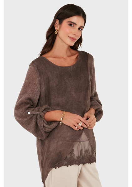 Via Dante Oversize Fit Dantel Detaylı Yuvarlak Yaka Bluz Bayan Bluz 690870 indirimleri