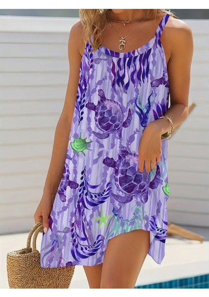 Kadın Askılı Yuvarlak Yaka Kaplumbağa Desenli Süprem Elbise modelleri