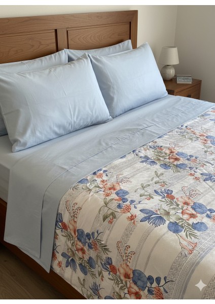 Çift Kişilik Lüks Pike Takımı | Açık Mavi Çarşaf & Canlı Renkler Çiçek Desenli Pamuklu Pike