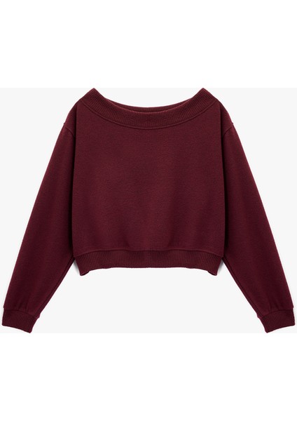 Viskon Karışımlı Kayık Yaka Omzu Açık Uzun Kollu Tişört