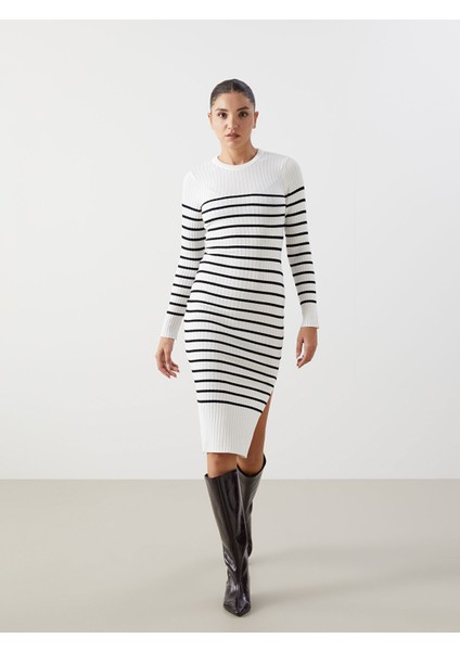 Yeni Sezon Bisiklet Yaka Çizgili Kadın Triko Elbise