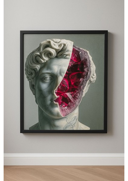 Mermer Büst ve Kristal Geode Tasarımlı Modern Sanat Duvar Tablosu (Çerçeveli)
