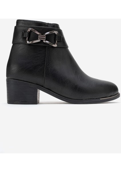 Kadın Çift Üçgen Tokalı Topuklu Bot Siyah Cilt fiyatları