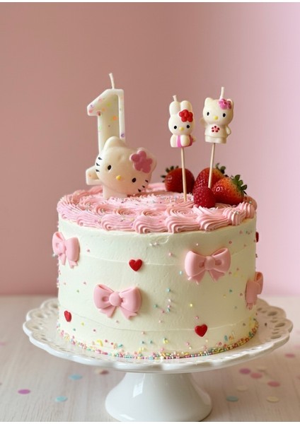 Hello Kitty 1 Yaş Pasta Mum Seti | Tatlı Sürpriz Doğum Günü Mumu | Figürlü Özel Tasarım (3 Adet)