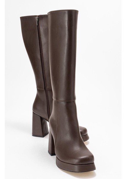 Kadın Platform Taban Çizme Kahve Cilt