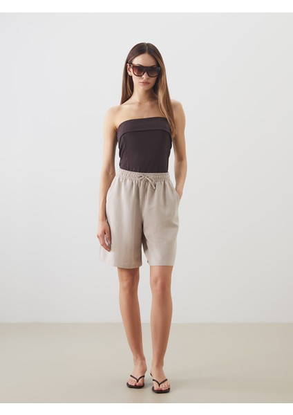 Yeni Sezon Beli Lastikli Keten Karışımlı Kadın Şort
