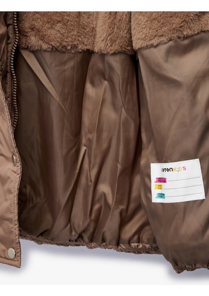 Uzun Kollu Peluş Detaylı Kapşonlu Fermuarlı Şişme Mont indirimleri