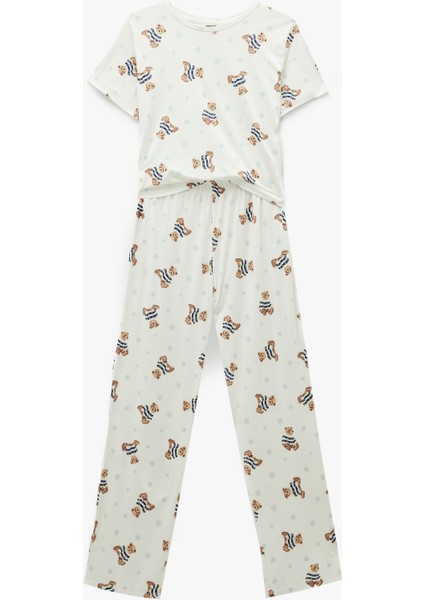 Rahat Kalıp Kısa Kollu Bisiklet Yaka Ayıcık Baskılı Pijama Takımı