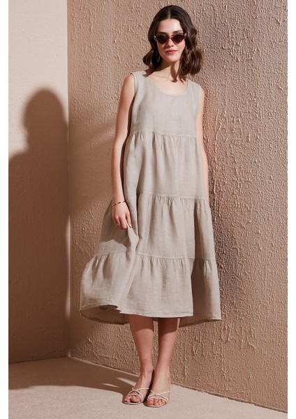 Via Dante Regular Fit Bisiklet Yaka Volanlı Midi Keten Elbise Bayan Elbise 7202687