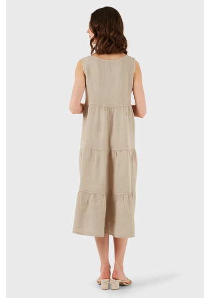 Via Dante Regular Fit Bisiklet Yaka Volanlı Midi Keten Elbise Bayan Elbise 7202687 modelleri