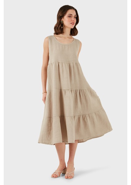 Via Dante Regular Fit Bisiklet Yaka Volanlı Midi Keten Elbise Bayan Elbise 7202687 fırsatları