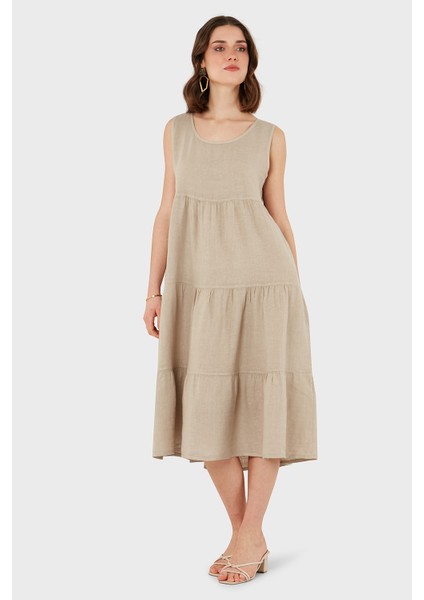 Via Dante Regular Fit Bisiklet Yaka Volanlı Midi Keten Elbise Bayan Elbise 7202687 indirimleri