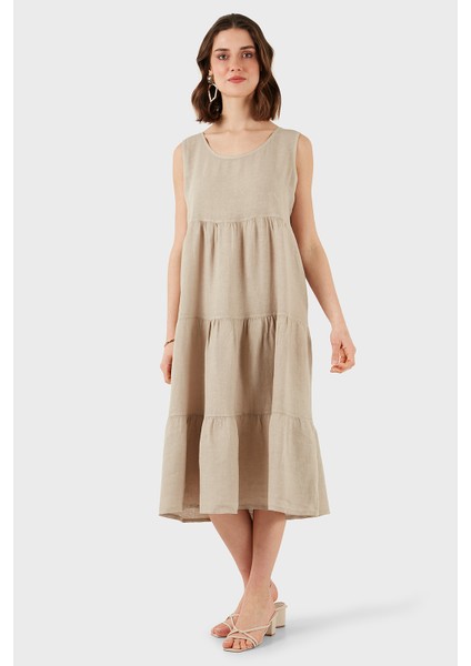 Via Dante Regular Fit Bisiklet Yaka Volanlı Midi Keten Elbise Bayan Elbise 7202687