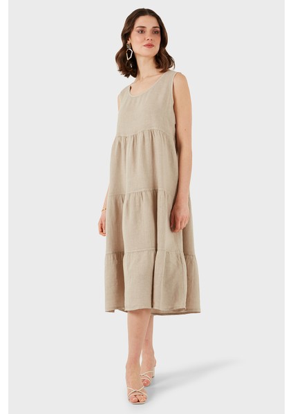 Via Dante Regular Fit Bisiklet Yaka Volanlı Midi Keten Elbise Bayan Elbise 7202687
