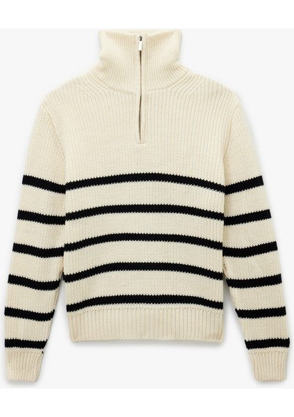 Yarım Fermuarlı Çizgili Kışlık Triko Kazak