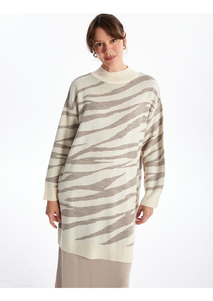 Yeni Sezon Yarım Balıkçı Yaka Desenli Kadın Triko Tunik