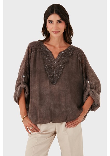 Via Dante Oversize V Yaka Pul Dantel Detaylı Bluz Bayan Bluz 690822