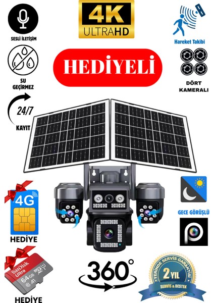 4g Solar 4 Lens Güvenlik Kamerası 12MP – Renkli Gece Görüş, IP66, Hediyeli Sd Kart ve Sım Kart