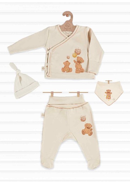 Tinylamb Fluffy Bear Organik Pamuk Penye Yeni Doğan Mini Set Patikli Pijama ve Uzun Kollu Kruvaze - 4 Parça