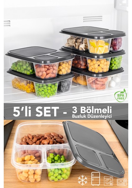 5'li Dikdörtgen 3 Bölmeli Saklama Kabı - Mikrodalga Uyumlu Organizer Derin Dondurucu Erzak Kabı