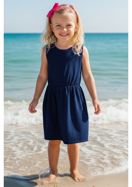 0026 - Desenli Lacivert Elbise Fuşya Bandana Takım