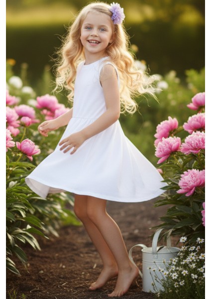 0001 - Kız Çocuk Krem Elbise Lila Toka Takım