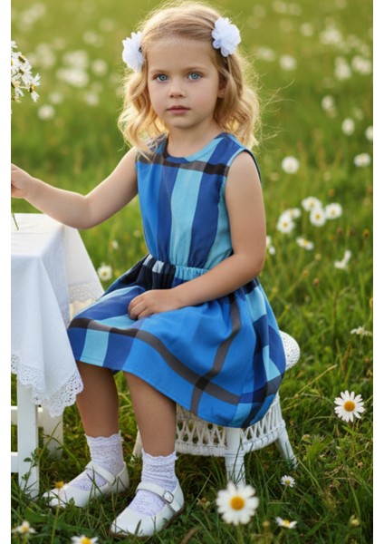 0015 - Kız Çocuk Mavi Lacivert Kareli Elbise modelleri