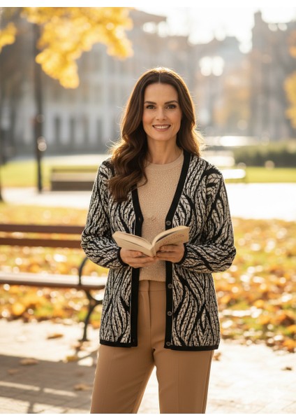 Kadın Kışlık Yünlü Örme Anne Hırka V Yaka Sümbül Motifli Çift Cepli Düğmeli Likralı Rahat modelleri