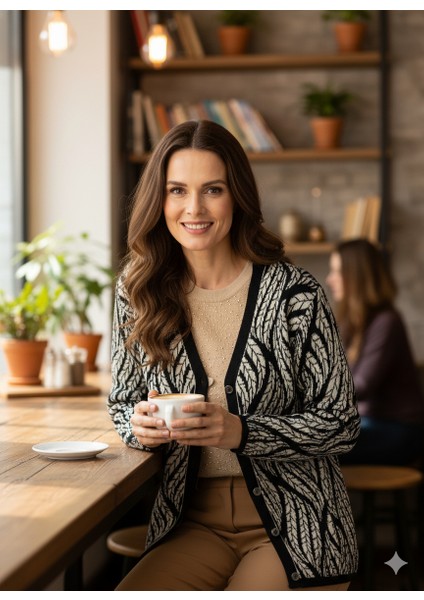 Kadın Kışlık Yünlü Örme Anne Hırka V Yaka Sümbül Motifli Çift Cepli Düğmeli Likralı Rahat indirimleri