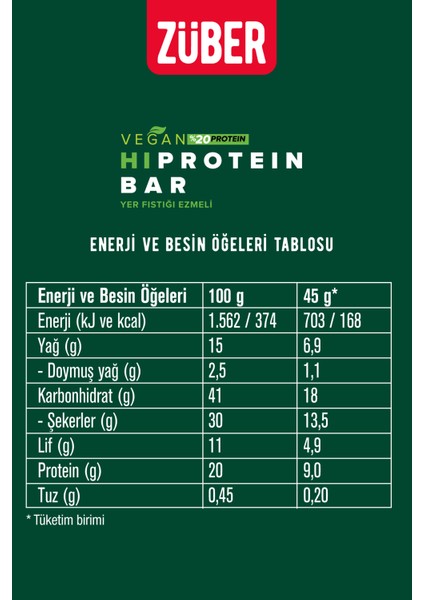 Yüksek Protein Vegan Bar Fıstık Ezmeli 45G x 3 Adet fiyatları