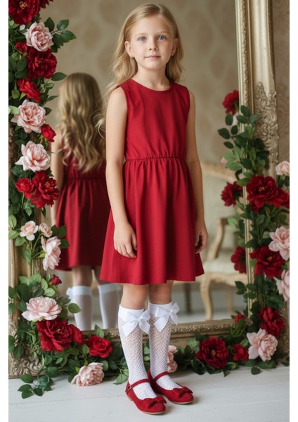 0022 - Kırmızı Elbise File Beyaz Çorap Takım