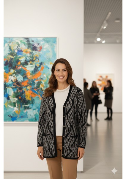 Kadın Kışlık Yünlü Örme Anne Hırka V Yaka Sümbül Motifli Çift Cepli Düğmeli Likralı Rahat fırsatları