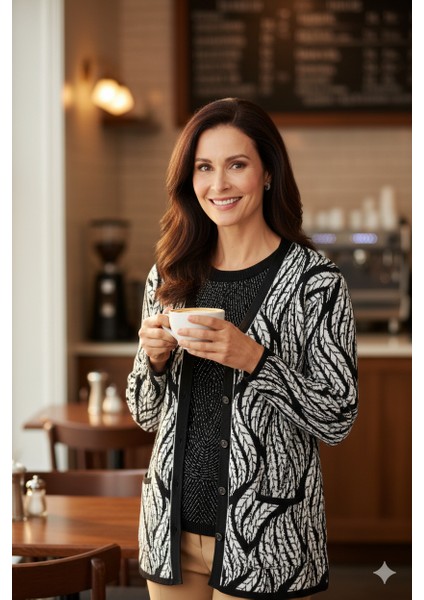 Kadın Kışlık Yünlü Örme Anne Hırka V Yaka Sümbül Motifli Çift Cepli Düğmeli Likralı Rahat fiyatları