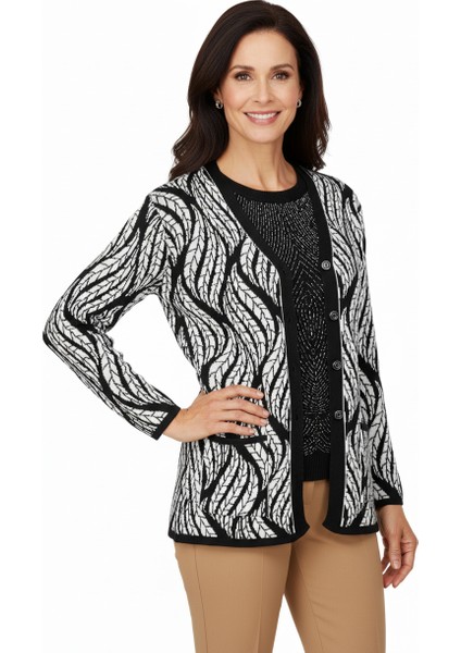 Kadın Kışlık Yünlü Örme Anne Hırka V Yaka Sümbül Motifli Çift Cepli Düğmeli Likralı Rahat modelleri