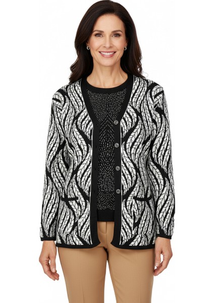 Kadın Kışlık Yünlü Örme Anne Hırka V Yaka Sümbül Motifli Çift Cepli Düğmeli Likralı Rahat fırsatları