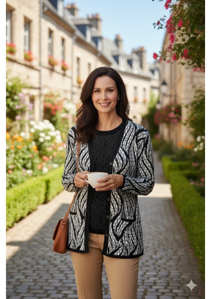 Kadın Kışlık Yünlü Örme Anne Hırka V Yaka Sümbül Motifli Çift Cepli Düğmeli Likralı Rahat indirimleri