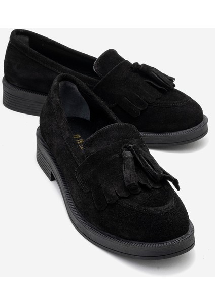 Milina Siyah Süet Püsküllü Hakiki Deri Kadın Loafer Ayakkabı