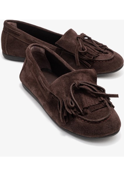 Axelı Kahverengi Süet Hakiki Deri Fiyonklu Saçaklı Kadın Loafer Ayakkabı