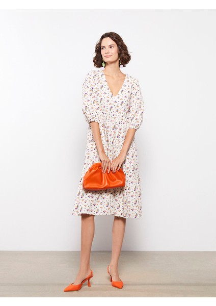 Yeni Sezon V Yaka Çiçekli Balon Kollu Kadın Elbise modelleri