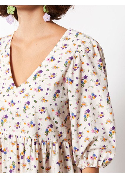 Yeni Sezon V Yaka Çiçekli Balon Kollu Kadın Elbise fırsatları